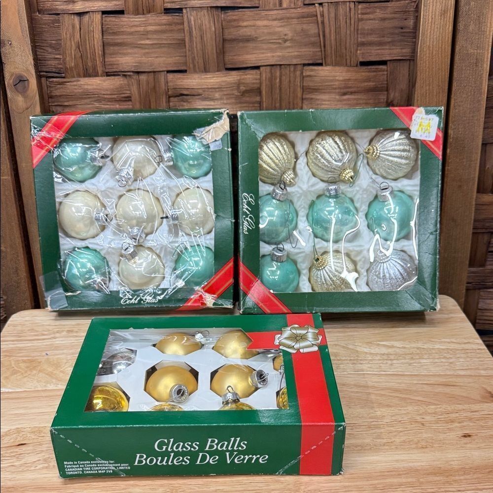 Vintage Gold and Green Glass Ball Ornaments